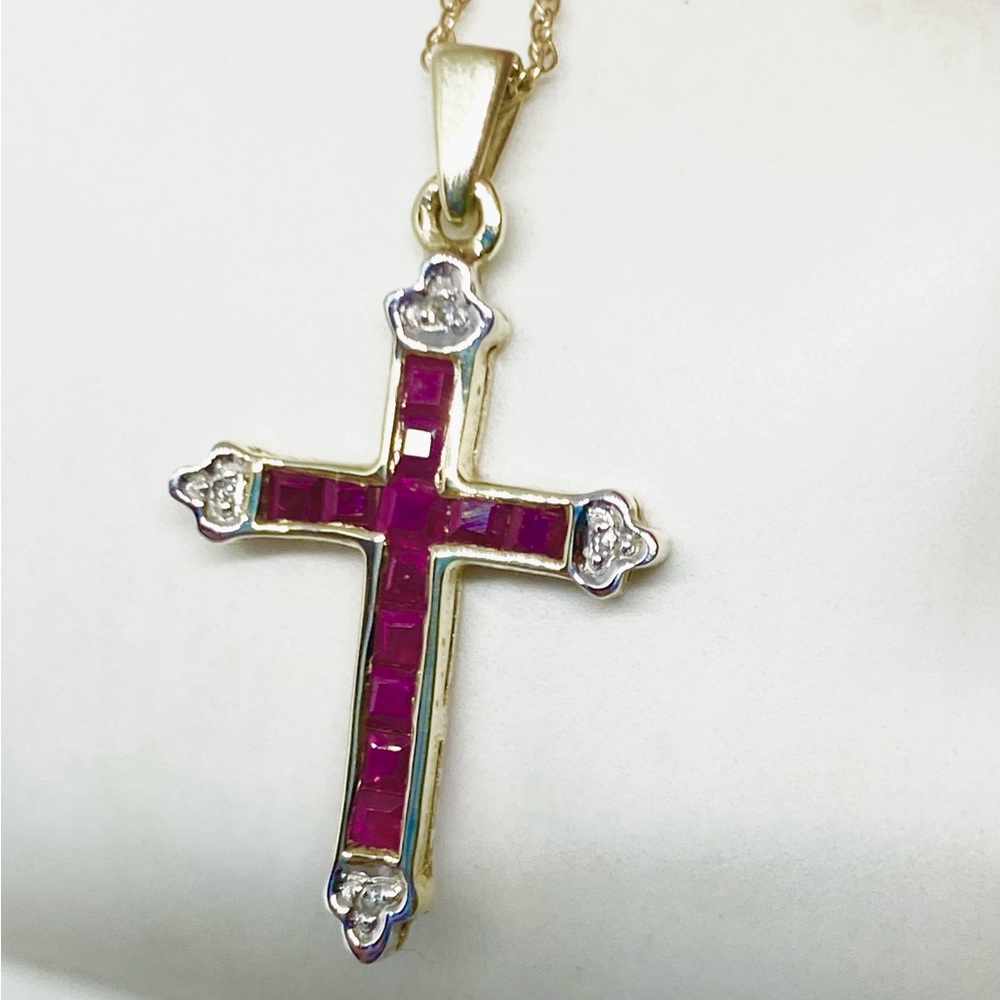 Vintage 10k Solid Yellow Gold Ruby Diamond Cross … - image 5